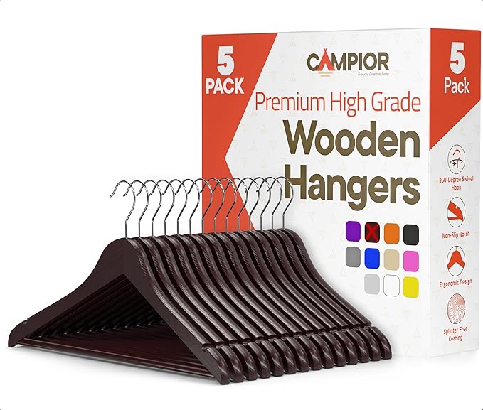 Cherry Wooden Hangers 5 Pack – Heavy-Duty with 360° Swivel Hook, Non-Slip, Pants Bar & Shoulder Grooves - Wooden Hangers for Suits, Jackets, Dresses & Camisoles, Space-Saving and Smooth Finish