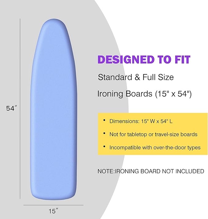Ironing Board Cover and Pad 15x54 Standard Size, Extra Thick Cotton Iron Board Cover with Padding, Silicone Coated and Scorch Resistant, Elastic Edge with Hook & Loop Strap, Heatproof Blue