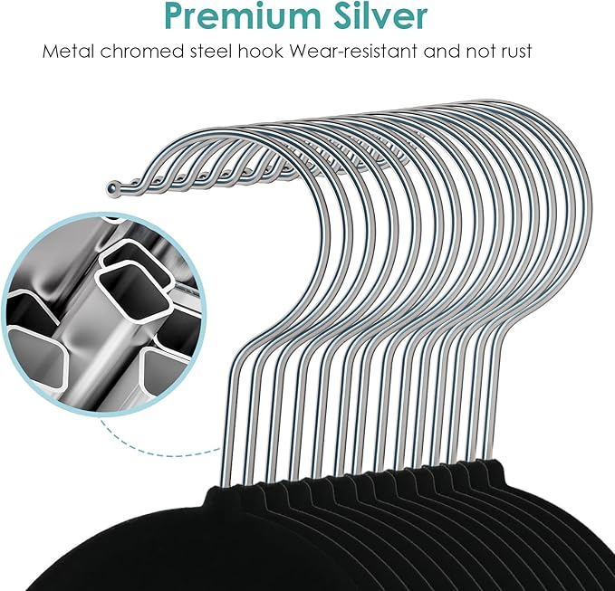 Velvet Hangers Non Slip Felt Hangers, 50 Pack Black Velvet Clothes Hangers Space Saving Slim with 360 Degree Swivel Hook for Suits Coats, Jackets, Pants, and Dress Clothes