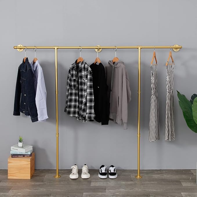 Industrial Pipe Clothing Rack Wall Mounted,Wall Mounted Clothes Rack,Five Bases, Strong Load Bearing Capacity, Space Saving, Suitable for Clothes Display and Storage (80.7, Gold)