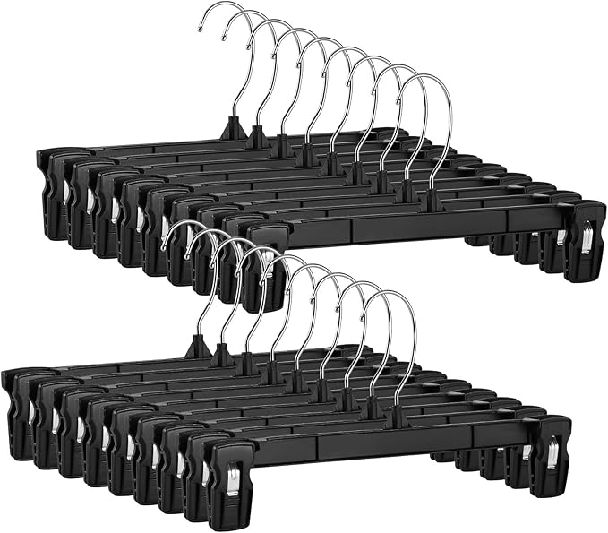 Smartor Space Saving Skirt Hangers - 150 Pack, Slim Plastic Pants and Shorts Hangers, Ridged Non-Slip with Pinch Clips, Black Clip Hanger for Women, 360-Rotating Chrome Swivel Hook, 10 Inches