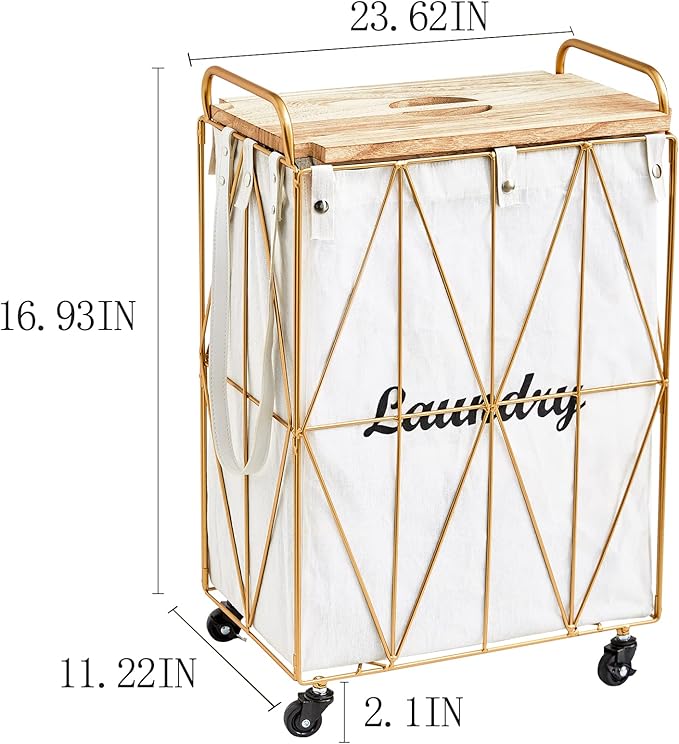 Mxfurhawa Iron Wire Laundry Hamper With Rolling Lockable Wheels, FoldinLaundry Storage Basket with Handles,Detachable Liner Collapsible Dirty Laundry Cart Sorter Clothes Basket Organizer (81-Gold)