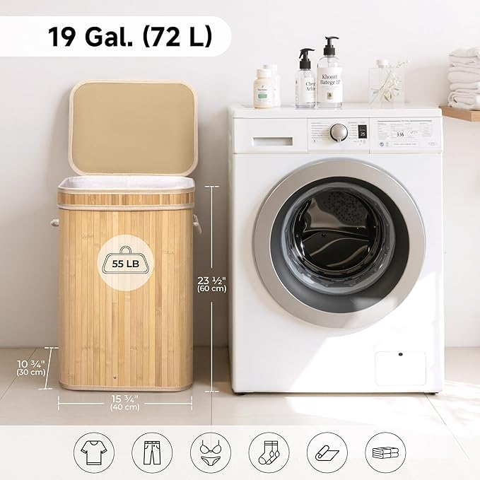 StorageWorks Laundry Hamper with Lid, Foldable Bamboo Laundry Basket, Clothes Hamper with Handles, Organizer and Storage for Laundry Room, Bedroom, Dorm, Natural