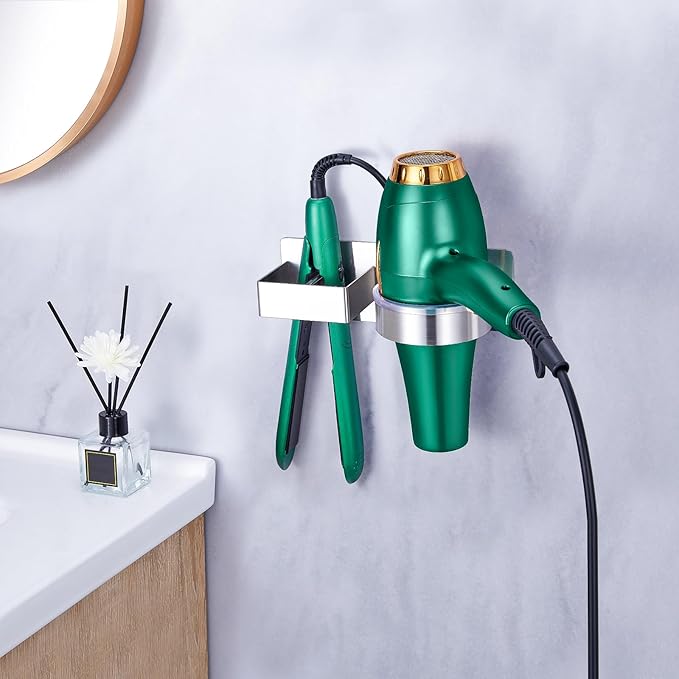 Hair Dryer Holder Wall Mount, Stainless Steel Straightener Holder, Adhesive Blow Dryer Holder and Curling Iron Holder Storage, Hair Tools Organizer for Bathroom Barber Shop Hotel
