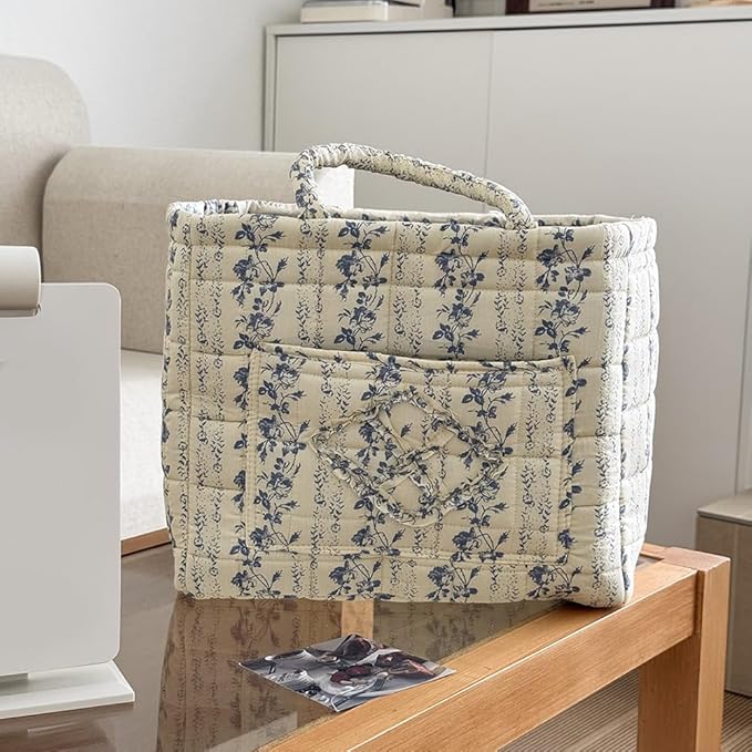 Quilted Fabric Basket Car Storage Basket Boho Floral Laundry Hamper for Nursery Bedroom & Living Room | Organize Clothes Toys