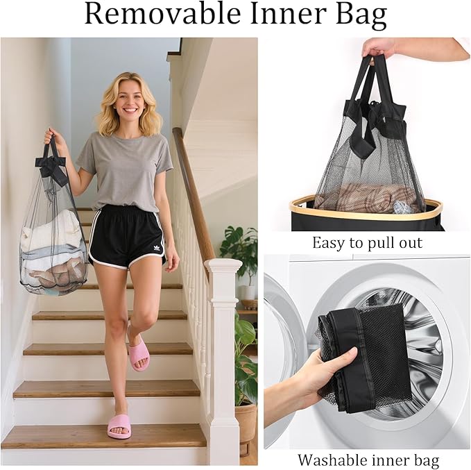 Laundry Hamper with Lid, 100L Clothes Hampers for Laundry with Bamboo Handles and A Removable Bag, Fordable laundry Basket with Lid for Bathroom, Bedroom, Dorm, Laundry Room