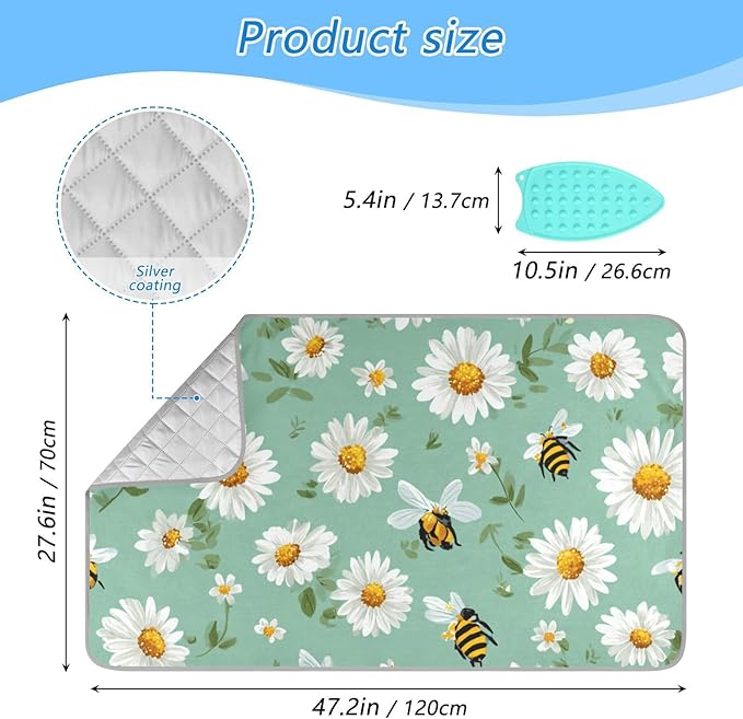 Ironing Mat Pad for Table Portable Travel Iron Blanket Ironing Board Covers Pressing Mat Heat Press Pads 27.6x47.2 Inches Mint Green Daisy Flowers and Bees46