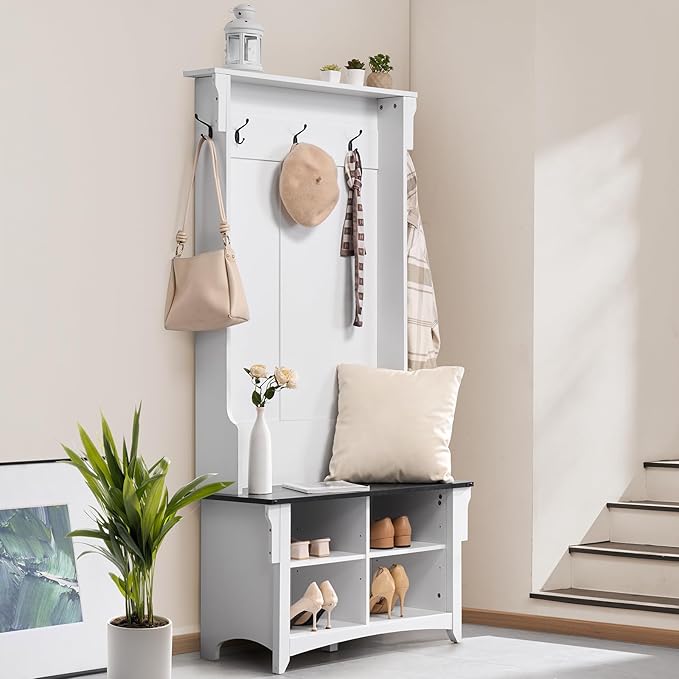 VEVOR Hall Tree Entryway Bench, Coat Rack with Shoe Storage, 32" Wide Mudroom Bench with Seating and Adjustable Shelves, 5 Hanging Hooks and 4 Storage Drawers, for Mudroom, Entryway, Hallway