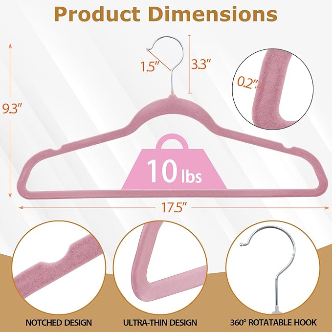ZENY Velvet Hangers 100 Pack, Non-Slip Clothes Hangers, Suit Hangers with Shoulder Notches, Pants Bar, 360° Swivel Hook, Space-Saving, for Closet (Pink)