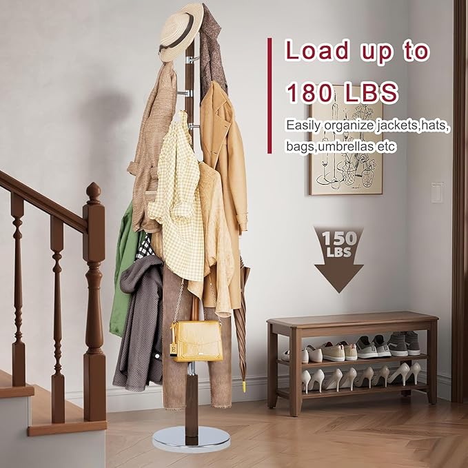 Solid Wood Coat Rack, Free Standing Hall Coat Tree with 6 Hooks, 3 Height Options, 180lbs Load, Stury Base, Clothes Rack for Entryway, Hallway, Bedroom (Disc Base - Walnuts Swivel Hook)