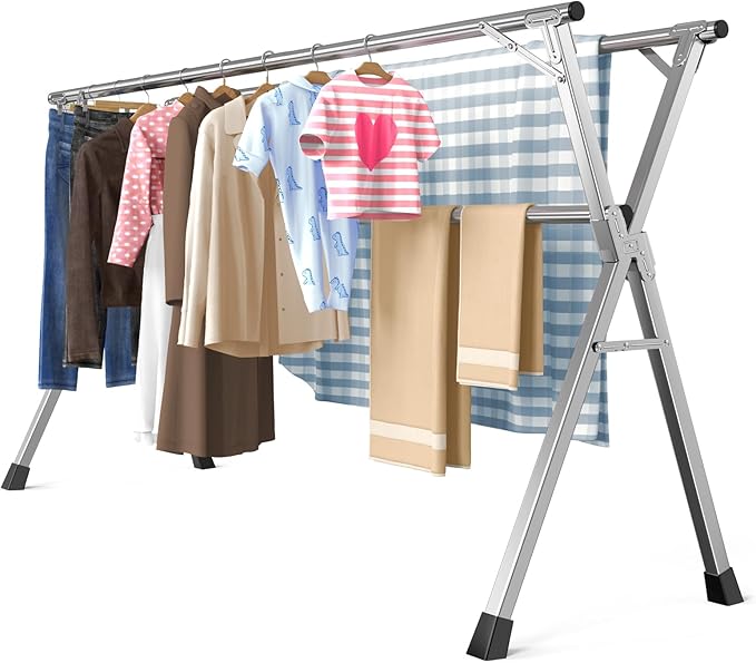 95 Inches Heavy - Duty Stainless Steel Folding Clothes Drying Rack Clothing Indoor Outdoor Anti-Rust 20 Windproof Hooks Portable & Foldable Laundry Rack (95'')