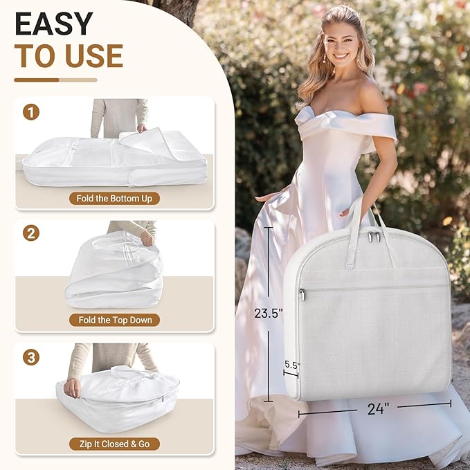MISSLO 2-in-1 Wedding Dress Garment Bag 70" Dress Bags for Gowns Long with 5 Bride Accessories Pockets & Adjustable Handles Trifold Dresses Cover for Travel and Closet Storage, White