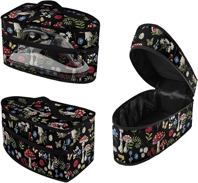 Mushroom Daisy Flower Butterfly Print Steam Iron Storage Bag Portable Garment Steamer Case Lightweight Travel Iron Organizer Waterproof & Dustproof Carrier Bag, Case Only
