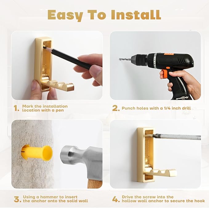 Folding Coat Hooks, 4Pcs Foldable Heavy Duty Wall Hooks Zinc Alloy No Rust Fold Up Hooks for Coat, Towel, Key, Hat, Bag, Jacket, Backpack. (Gold)