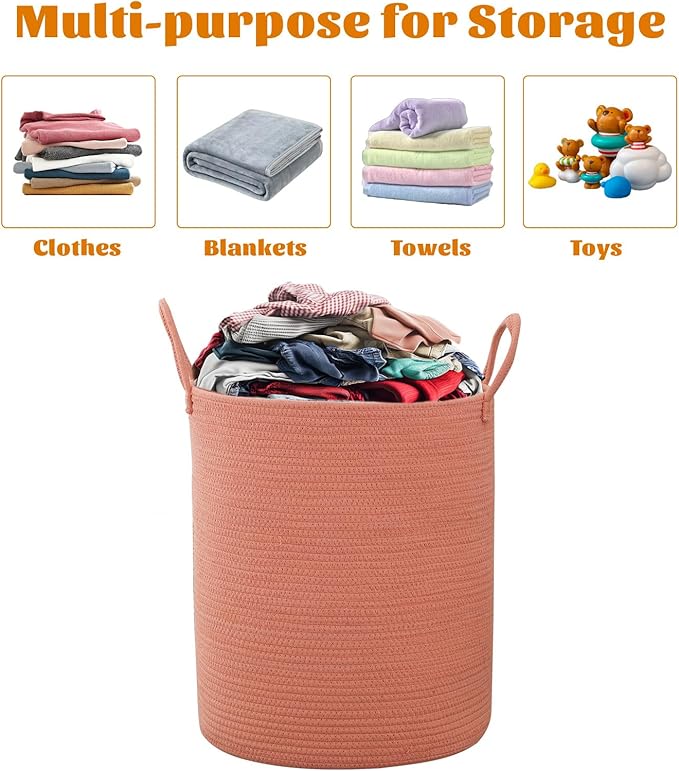 Woven Basket Nursery Laundry Hamper with Handles, Clothes Storage Organizer, Woven Basket for Boy Room Decor, Toy & Blanket Storage Bin, 15x15x18 Inch,Coral Pink,1pc
