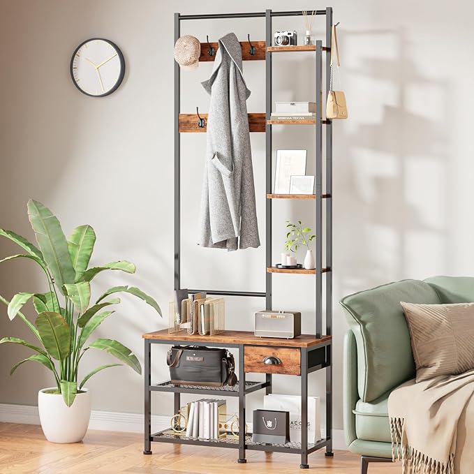 Furologee Coat Rack, Hall Tree with Bench and Shoe Rack, 4 in 1 Entryway Bench, Entryway Shoe Storage with 4 Shelves, 8 Hooks, 1 Fabric Drawer, Rustic Brown