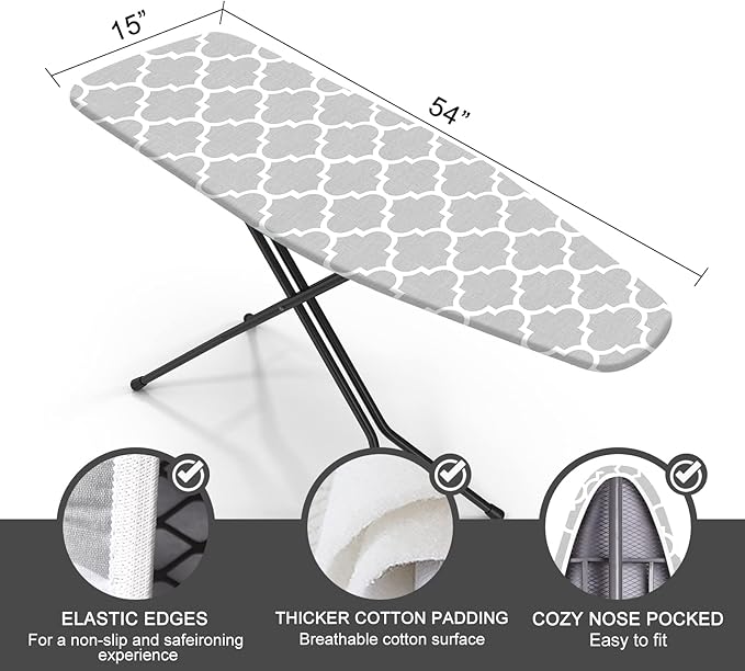 Ironing Board Cover and Pad, Standard Size 15" x 54" Iron Board Replacement Cover, 4 Layers Extra Thick Iron Board Cover Resist Scorching and Staining with Elastic Edge and 2 Fastener Straps