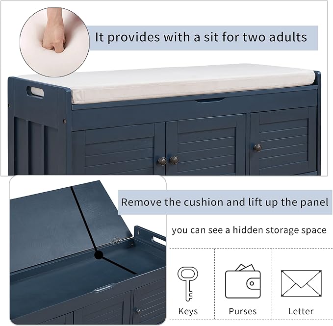 SOFTSEA Upholstered Storage Bench, Entryway Shoe Bench with Removable Cushion and Hidden Storage, Wooden Storage Ottoman with 3 Shutter-Shaped Doors for Entryway, Living Room, Bedroom, Blue
