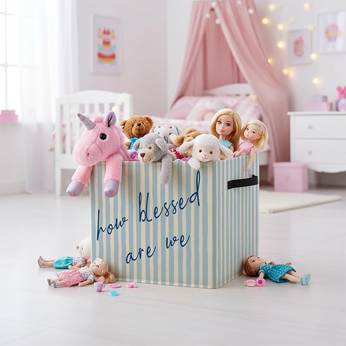 Blue Christian Storage Bin Box with Handles, How Blessed Are We Motivational Religious Foldable Baskets Organizer for Girls Bedroom Bathroom Clothes Toys Books, Toybox for Girls