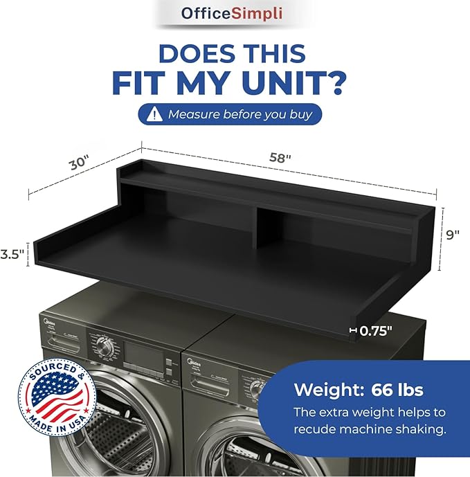OfficeSimpli Large Washer Dryer Countertop with Shelf - 30 x 58 Inch - Made in USA Laundry Countertop Over Washer and Dryer with Non-Slip Pads, Storage Shelf, Laundry Topper Organizer, Black