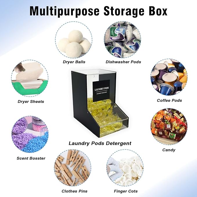 Laundry Pods Container, Acrylic Candy Dispenser with 2 Lid, Dishwasher Pod Holder for Laundry Room, Home, kitchen, Office Used- Stand or Wall Mount,Black
