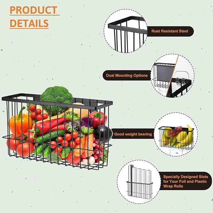 Menkxi 3 Pcs Magnetic or Adhesive Refrigerator Organizer Magnetic Baskets Kitchen Holder for Refrigerator Metal Shelf Rack Storage with 2 Types of Installation(Black)