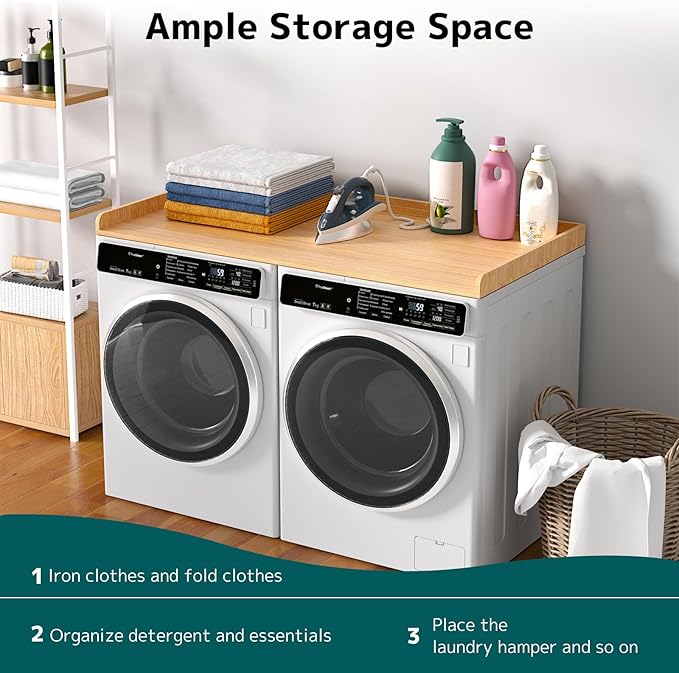 Washer Dryer Countertop 54''W x 27.5" D - Wood Laundry Countertop with Edge Rails, Space-Saving Washer Dryer Topper, Light Wood