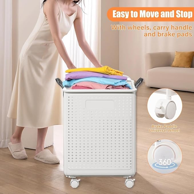 42L Large Heavy Duty Laundry Hamper On Wheels and Handle, Foldable Collapsible Laundry Basket, Space Saving Laundry Room Organization With Lid For Home Storage, Clothes (White)