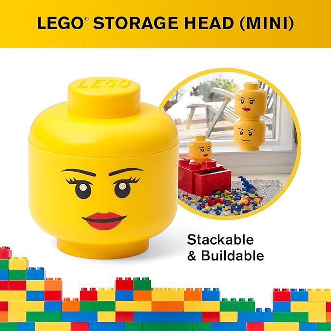 Room Copenhagen, LEGO Storage Head (Mini) - Girl - 4 x 4.5 Inches (10.2 x 11.5 cm) - Stackable Plastic Storage Box with Lid for Kids' Toy Organizer and Room Decor
