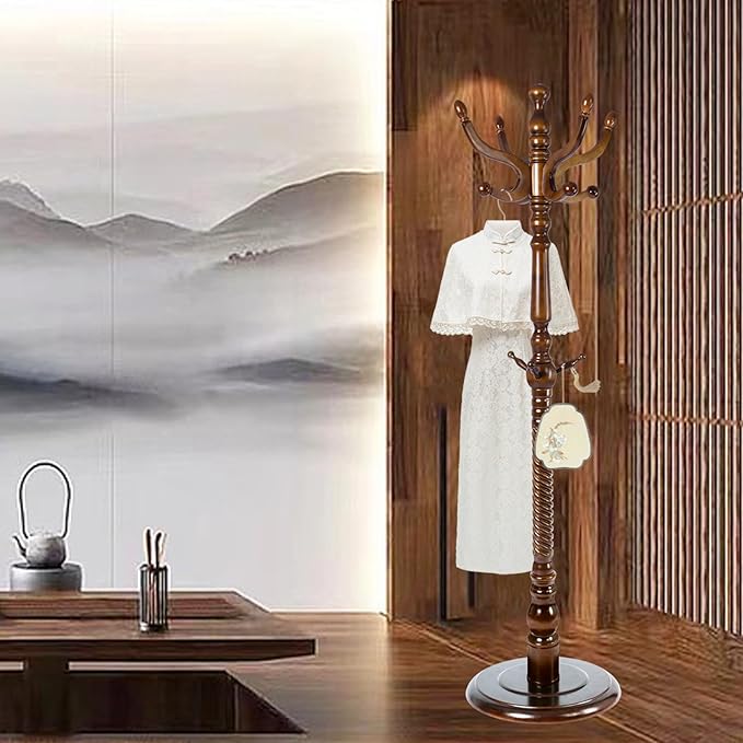 Coat Rack Freestanding, Wooden Tree Coat Rack Stand with 2 Adjustable Sizes Coat Tree and 11 Hooks, Sturdy Hall Tree with Tri-Legged Base for Entryway, Hallway, Bedroom (Walnut-Solid Round Base)