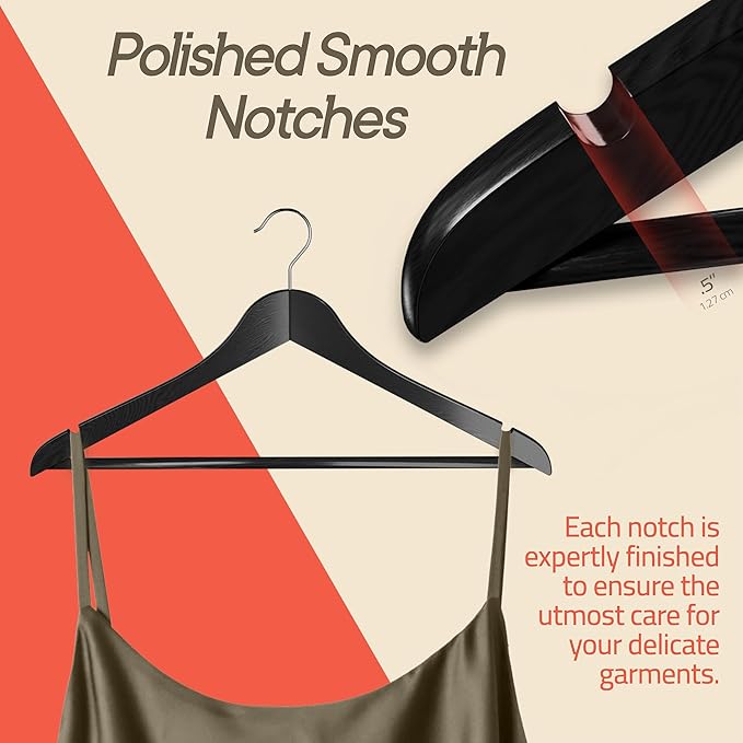Black Wooden Hangers 60 Pack – Heavy-Duty with 360° Swivel Hook, Non-Slip, Pants Bar & Shoulder Grooves - Wooden Hangers for Suits, Jackets, Dresses & Camisoles, Space-Saving and Smooth Finish