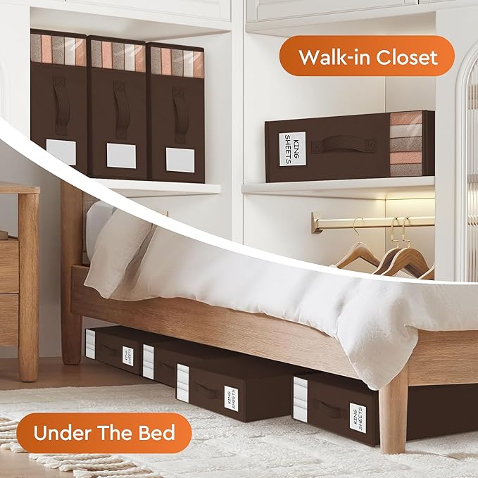 8 Pack Bed Sheet Closet Organizers and Storage,Sturdy Foldable Storage Containers with Window and Label,Storage and Organization for Bedding Sheets,Duvet Covers,Blankets (Brown)