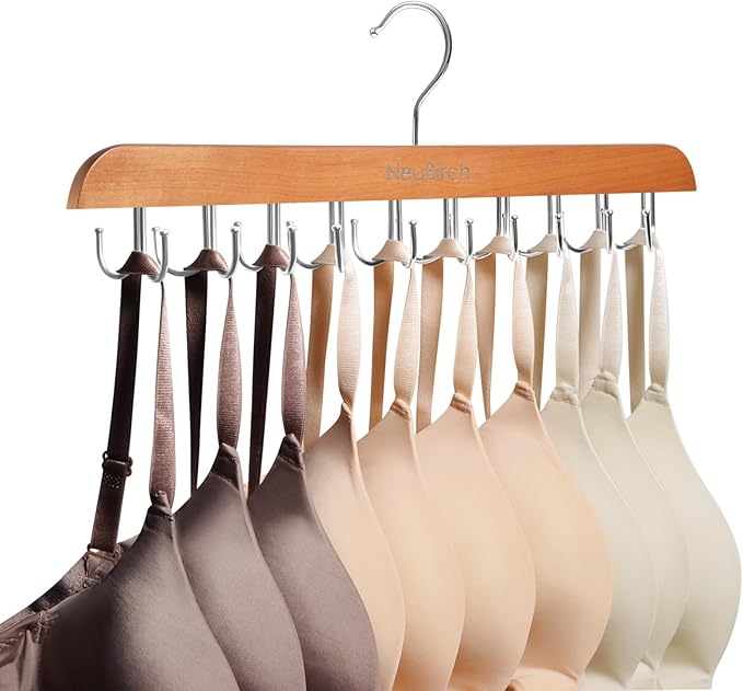 Bra Hanger for Closet Organizers and Storage | Space Saving Wooden Hanger | 20 Steel Hooks for Tank Tops, Camis, Hats, Lingeries, Belts, Ties, Scarfs Holder| 360° Rotating Non-Slip (1, Natural)