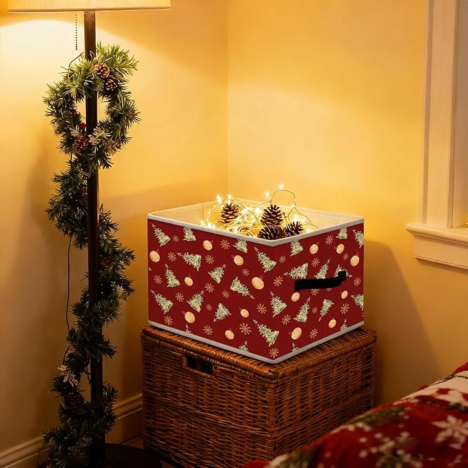 Christmas Tree Storage Bins, Red Christmas Bauble Winter Snowflakes Holiday Foldable Closet Organizers Storage Basket Toybox for Clothes Bed Sheets Blankets Toys