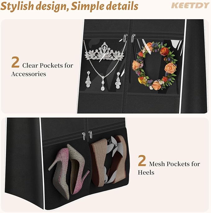 KEETDY Portable 70" Wedding Dress Garment Bag Travel with Bride Tote Bag 8'' Gusseted Hanging Dress Bags for Gowns 4 Pockets Long Dresses Storage for Women Clothes, Black