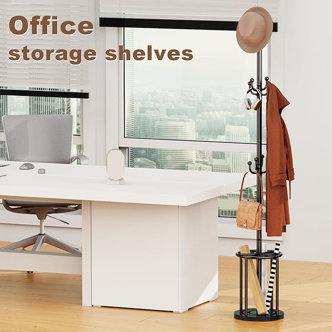 Coat Rack Freestanding, Coat Rack Stand with Umbrella Holder, Coat Tree, Coat Hanger Stand with 12 Hooks for Clothes Bag Hats, Hat Rack Hall Tree Coat Hanger Umbrella Stand for Entryway