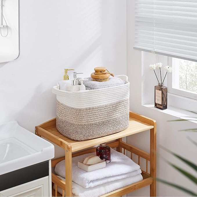 OIAHOMY Woven Storage Basket for Shelves, Rectangle Cotton Rope Baskets for Organizing, 13 x 10 x 9 in, Storage Bins for Dog Toys,Towel,Books,Gift, Gradient Brown