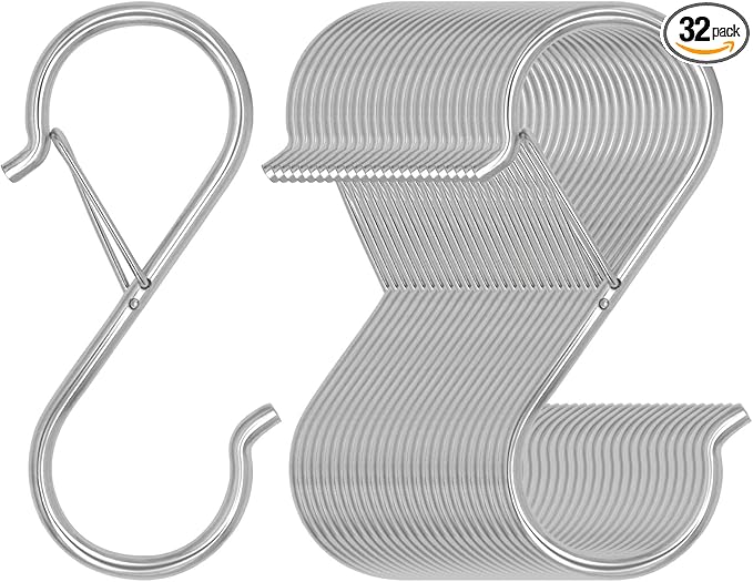 32 Pack S Hooks for Hanging, 3.5 inch Heavy Duty Metal S Hooks with Safety Buckle S Shaped Hooks Pot Rack Closet Hooks for Hanging Plants, Clothes, Kitchen Utensil, Pots, Pans, Bags (Silver)