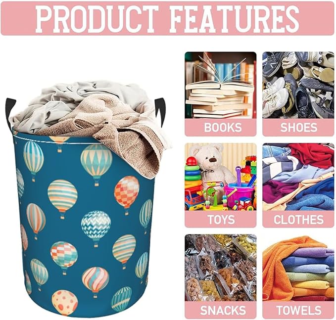 Cute Hot Air Balloons Round Laundry Hamper Storage Basket Toys Clothes Organizer Bin For Home Bathroom Bedroom Dorm Nursery, 62l