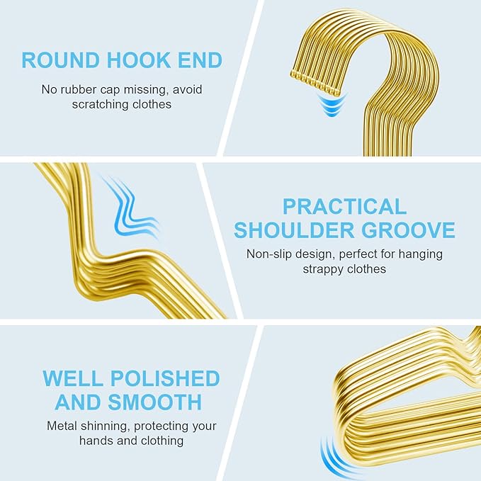 Coat Hangers 40 Pack Clothes Hangers, Metal Hanger Heavy Duty Wire Hangers with Non Slip Notch, Ultra Thin Stainless Steel Hanger Space Saving Clothing 16.5 Inch Gold