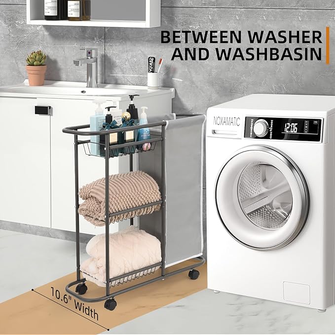 Rolling Laundry Cart with Wheels, 3-Tier Laundry Caddy Between Washer and Dryer, Heavy Duty Rolling Laundry Basket with 45L Bag for Narrow Space Laundry Room, Bathroom, Bedroom, Gray