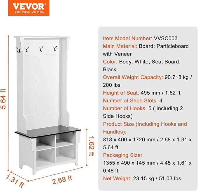 VEVOR Hall Tree Entryway Bench, Coat Rack with Shoe Storage, 32" Wide Mudroom Bench with Seating and Adjustable Shelves, 5 Hanging Hooks and 4 Storage Drawers, for Mudroom, Entryway, Hallway