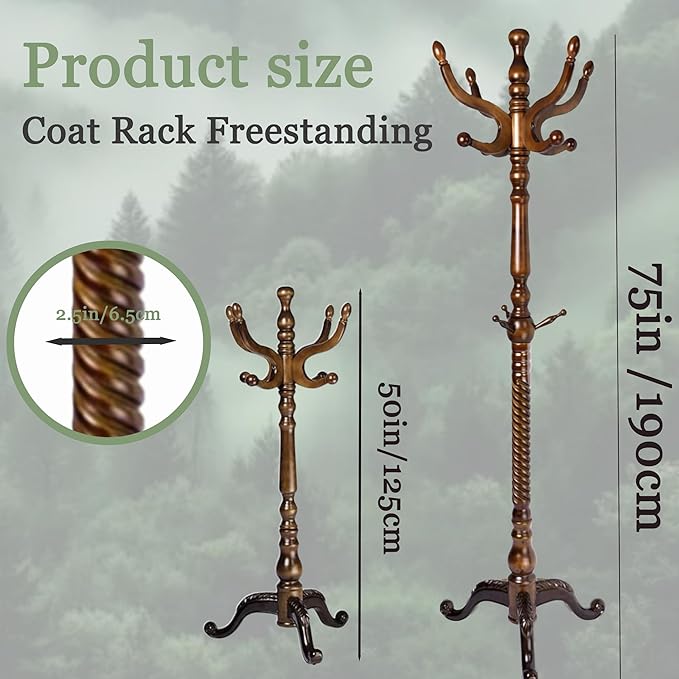 Coat Rack Freestanding,Solid Wooden Coat Rack Stand with 3 Height Options,14 Hooks, Natural Birch Coat Tree Easy to assemble for Clothes Jacket Hat bag Entryway (mahogany) (retro)