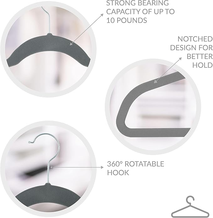 Simplify Extra Wide 21” Velvet Coat Hangers | 24 Pack | Slim Design | Heavy Duty | Holds 10 Pounds | Closet Organization | Shirt & Clothes | Grey