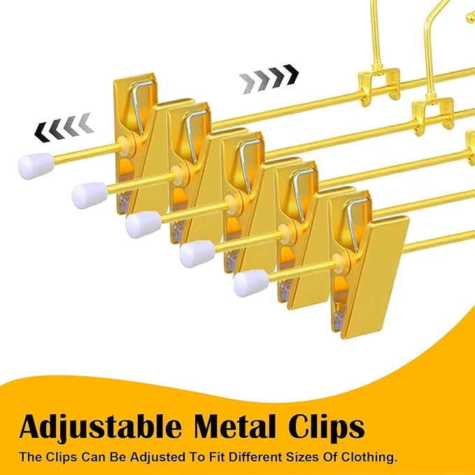 10 Pack Shiny Gold Metal Hangers 12 Inch Gold Pants Skirts Hanger with 2 Adjustable Non Slip Clips and Swivel Hook Sturdy Skirt Hangers with Clips for Skirts Slacks Jean Trousers