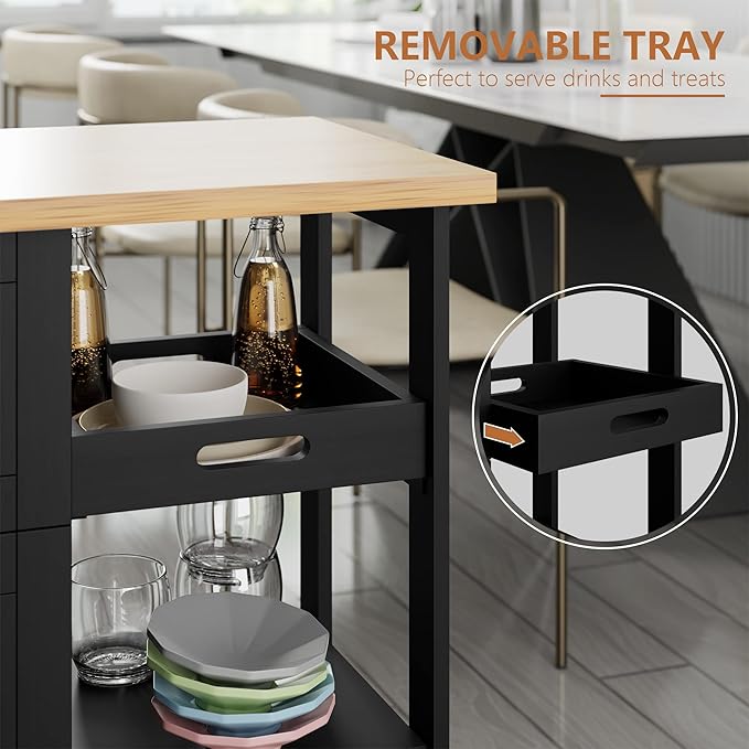 SUNLEI Kitchen Island with Storage Cart Rolling Coffee Small Butcher Block Table Microwave with 3 Drawers on Wheels Station Portable Mobile Narrow Moveable Utility Counter Wood Top Spaces Bar Food