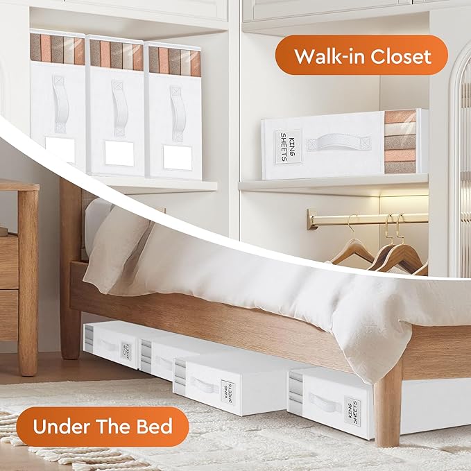 2 Pack Bed Sheet Closet Organizers and Storage,Sturdy Foldable Storage Containers with Window and Label,Storage and Organization for Bedding Sheets,Duvet Covers,Blankets (White)