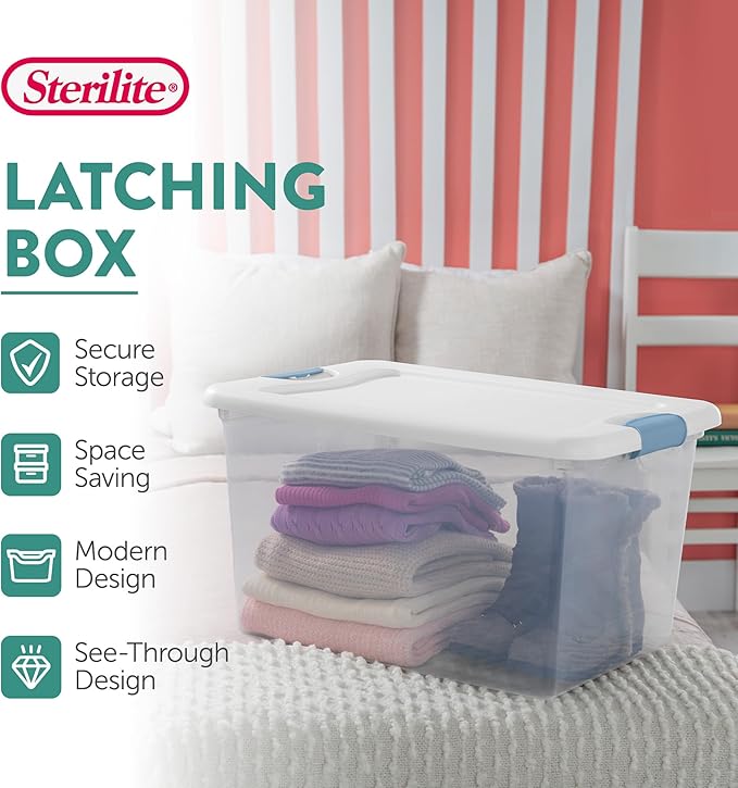 Sterilite 8 Pack Latching Box, 64 Qt Plastic Storage Container, Stackable Large Home or Office Tote Organizers with Secure Lids, White