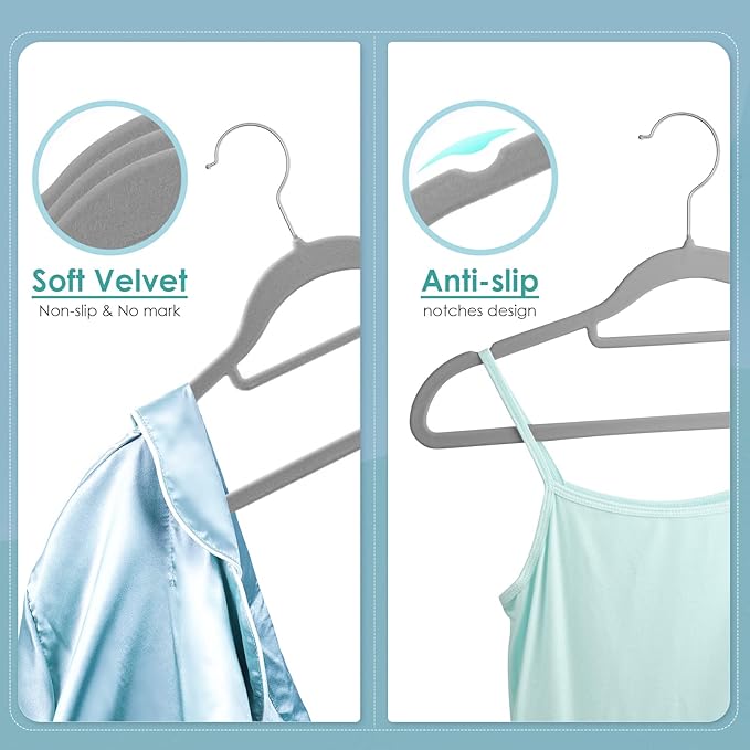Velvet Hangers Non Slip Felt Hangers, 50 Pack Grey Velvet Clothes Hangers Space Saving Slim with 360 Degree Swivel Hook for Suits Coats, Jackets, Pants, and Dress Clothes
