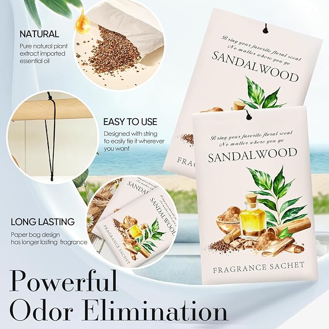Sandalwood Scented Sachet Bags - 12 Pack Closet & Drawer Freshener, Long Lasting Odor Eliminator for Wardrobes, Cars & Storage, Home Fragrance Air Freshener Sachets